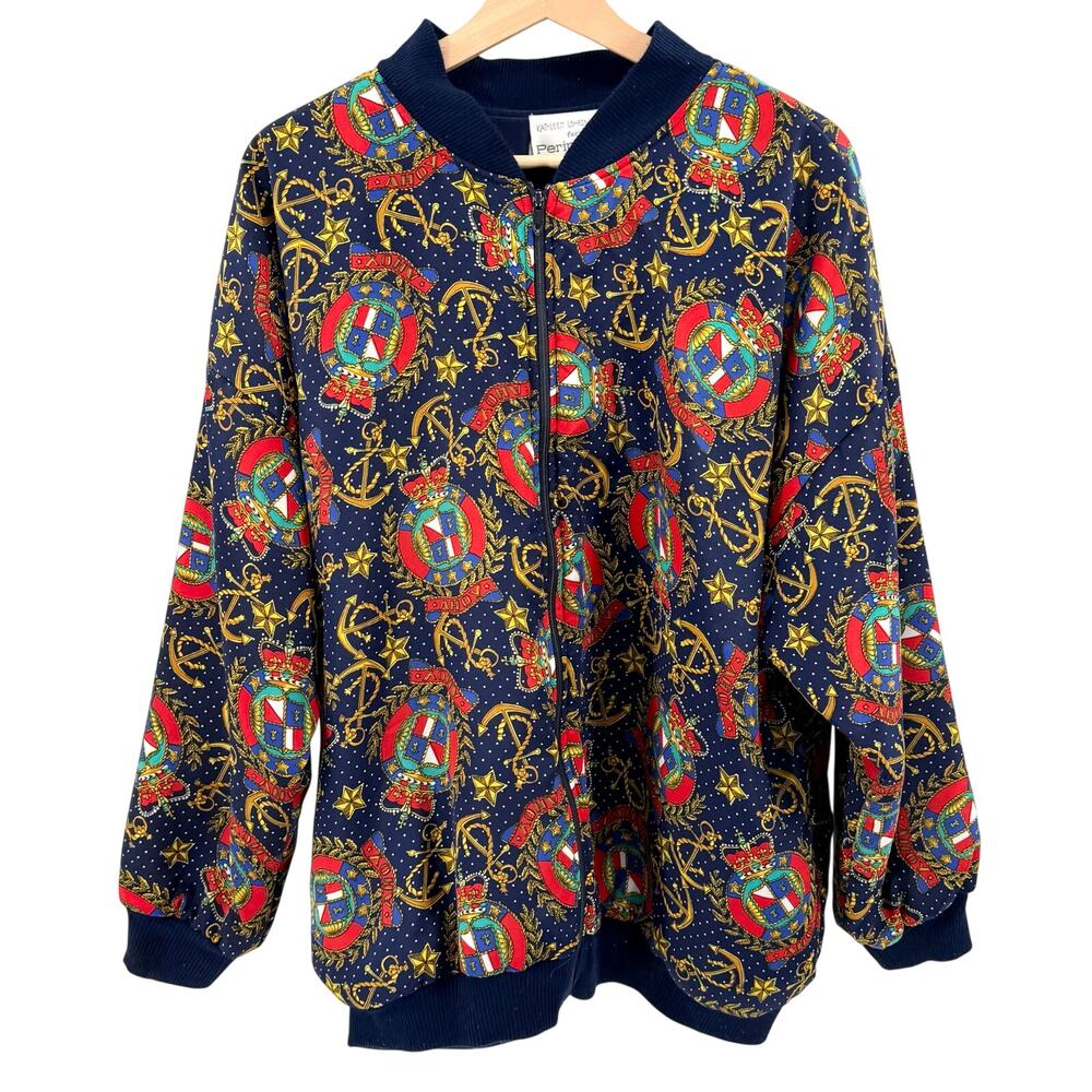Vintage 80s Periphery Navy Nautical Anchor Crest Print Bomber Jacket